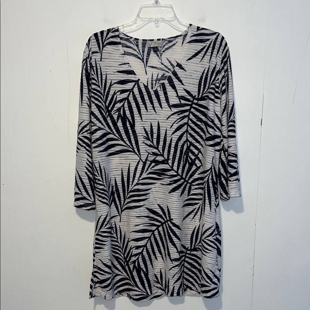 J Valdi XL Cover Up Blue Leaf Patterned Tunic V neck 0313264